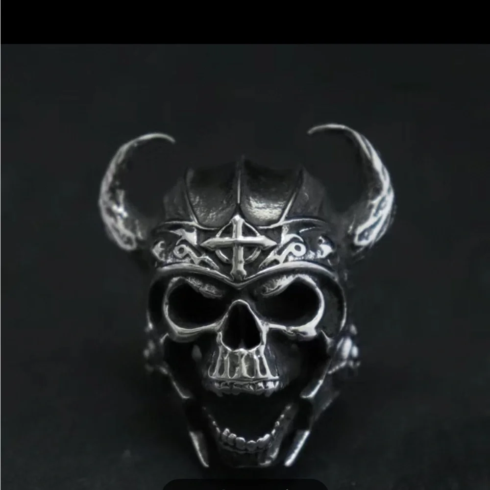Vintage Cow Head Skull Punk Nordic God of War Biker Silver Tone Ring